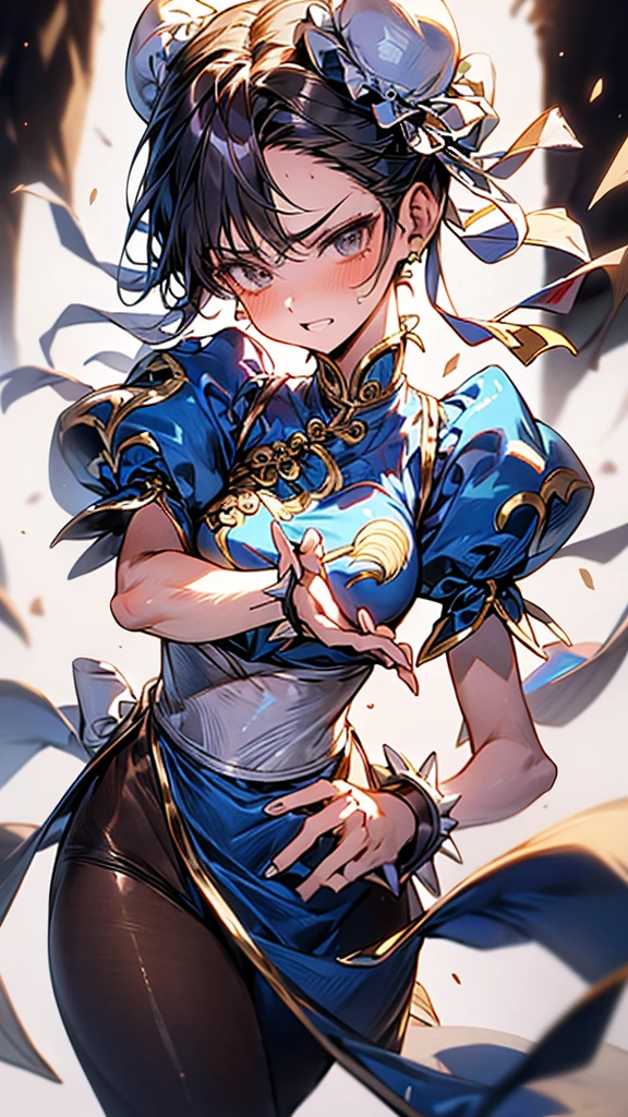 {{masterpiece}}, {{{Highest quality}}},{{Very detailed}},sf2 to,Chunli,Combat Stance,from side,Cowboy Shot,Focus on legs{{{Mature woman fighting}}},{{疲労でSweatをかいている成人女性}},Sweat,,Small breasts,{{Blushing}},{{V-shaped eyebrows}},{{Blue clothes}},{{puffy short sleeve}},{{{Blue Chinese dress with gold lines}},{Bunhead}},{},, ,{{spike bracelet}},{{Tied Hair}},,{{Thin legs}},{{White belt}},,Slender body}}{{ blue pelvis curtain}}, , sash, Brown pantyhose, ,,blush,Wrinkles ,amount,Grit your teeth,suffering,v-shaped eyebrows.,Sweat dripping,Medium chest ,get annoyed,,ruins,,Bunhead,Good cover,Fighting Pose,