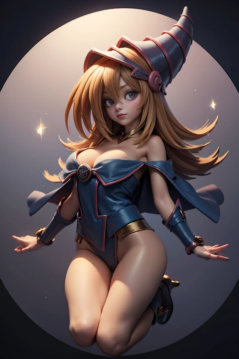 (masterpiece:1.2), (The best quality:1.2), perfect lighting, Dark Magician Girl casting a spell, floating in the air, big tits, neckline, magic background. Transparent hearts in the air, blue robe, big hat, from above, Sparkles, Yugioh Card in the background. In heels and a bikini