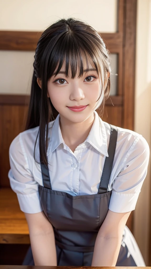(Highest quality,masterpiece:1.3,Ultra-high resolution,),(Very detailedな,Caustics),(Photorealistic:1.4,RAW shooting,)Ultra-Realistic Capture,Very detailed,High resolution 16K human skin closeup。 Natural skin texture、,Pores、、、、It must be detailed enough to be easily identifiable。 Skin tone is even and healthy looking。 Use natural light and colour,restaurant,Waitress Uniform,1 girl,Japanese,18-year-old,cute,Black-haired,ponytail,Big Breasts,smile,Turn your body forward,(Front view:1.1),Looking at the camera,Cowboy Shot,
