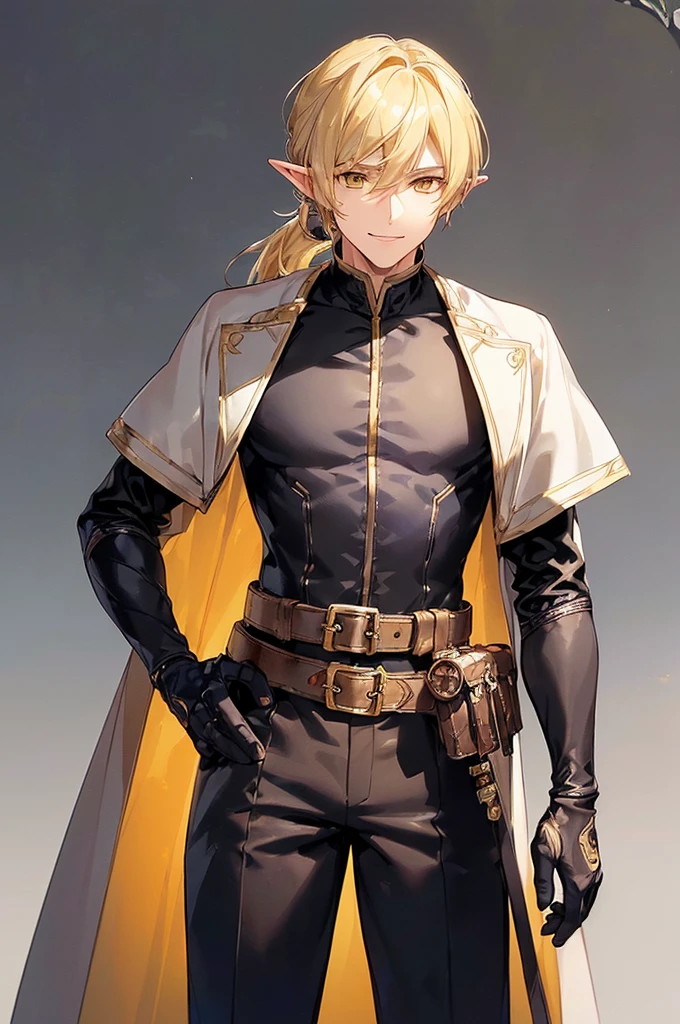(((masterpiece; best quality: 1.2))), (finely detailed eyes: 1.3), (25 year old elf man), (solo), (yellow eyes: 1.4), (body; toned, fit, masculine: 1.3), (silky blonde hair in low ponytail: 1.3), (beautiful and clear background: 1.2), ((depth of field)), (equipment: adventurer garb + modest + elegant wide-brimmed hunter hat + dark overcoat + dark shirt +dark long cape + black pants + gloves + belt + pouches: 1.3), (anime illustration: 1.2), (background composition; royal garden: 1.1), (extremely fine and handsome: 1.1), (shot composition; standing + centered on torso + close-up: 1.5), (expression; calm, smile: 1.2)