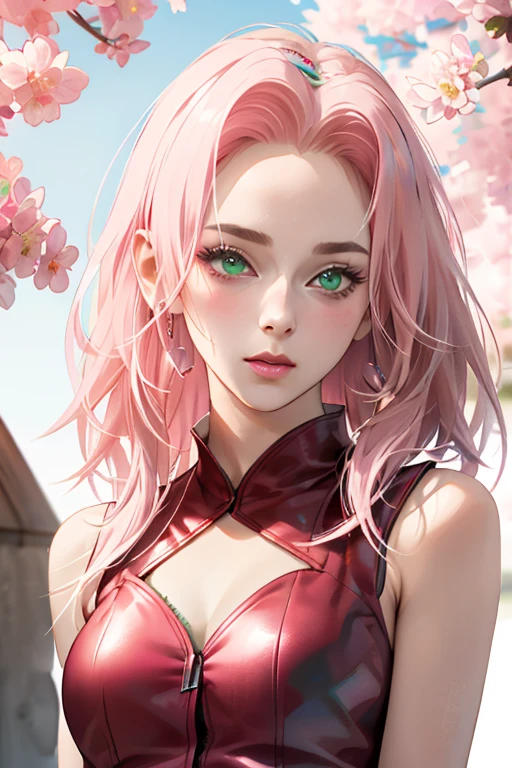 young woman, long pink hair, wide forehead, porcelain skin, pink eyebrows, big emerald green eyes, buttoned nose, thick lips, heart-shaped face, slender body, small breasts, pink leather dress, Sakura Haruno, realistic, realism black details 3d
