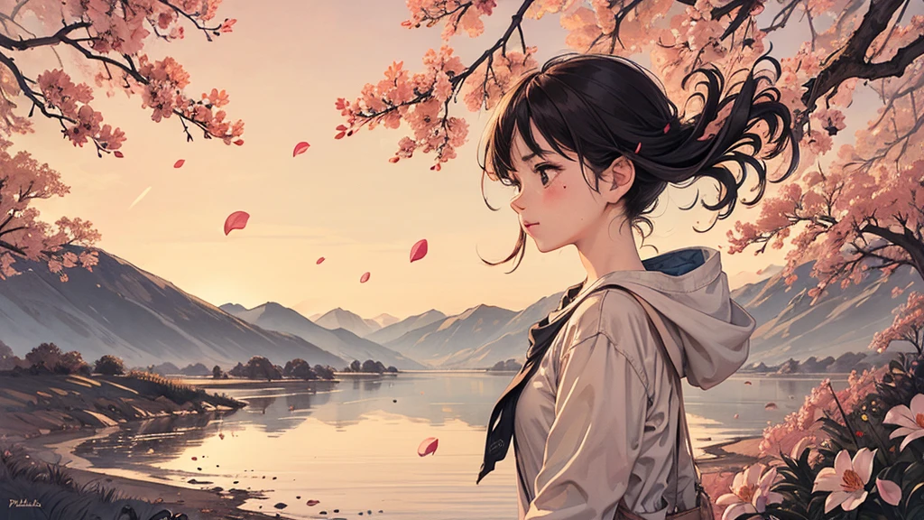 Petals flutter in the wind,Emotional,Warm tones,landscape,