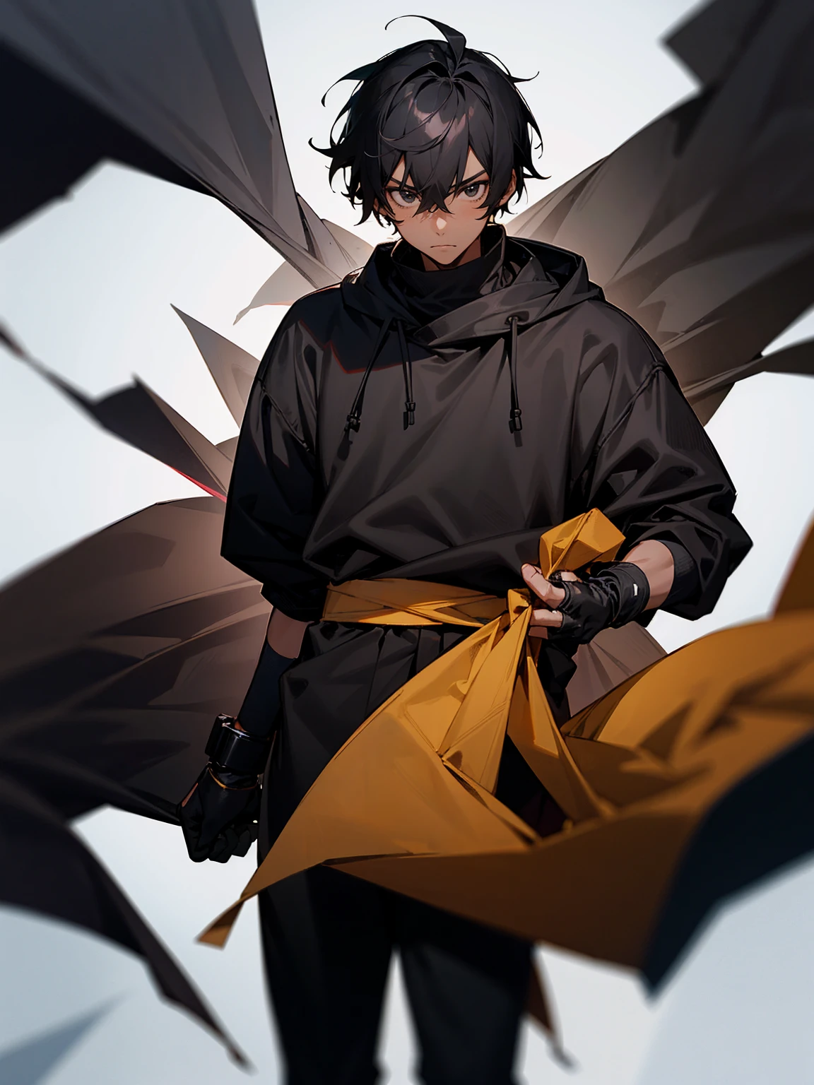 1male, young, black eyes, black hair, tied to the back, darkskin, black wrappings on arms, black glove, black yukata, brown sweatshirt, serious