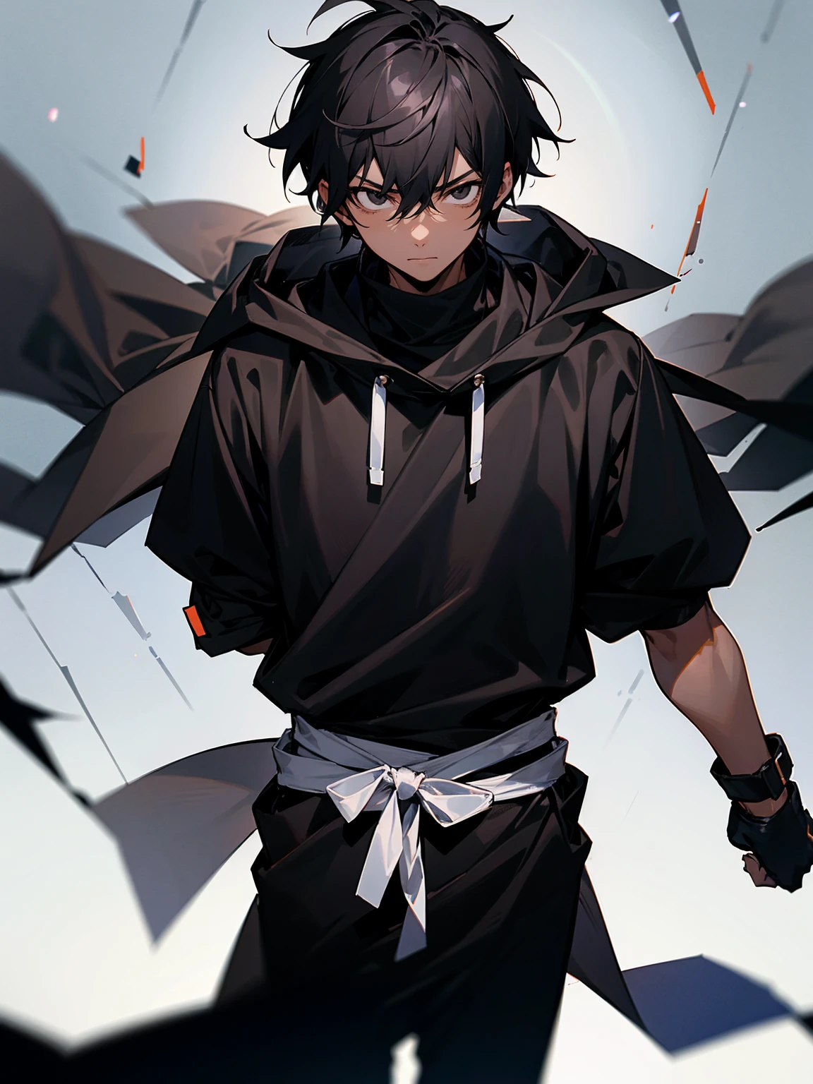 1male, young, black eyes, black hair, tied to the back, darkskin, black wrappings on arms, black glove, black yukata, brown sweatshirt, serious