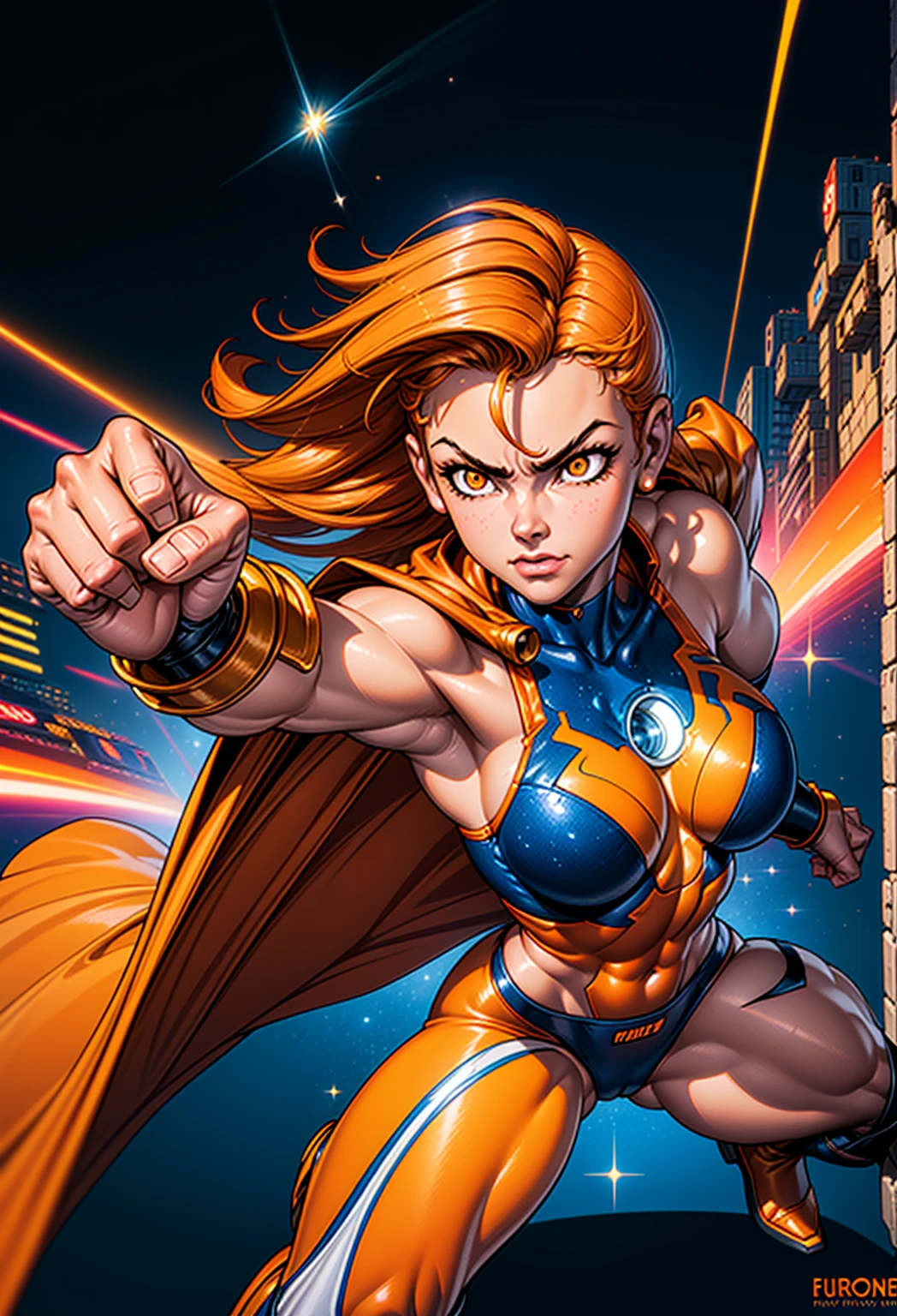 Digital painting of a woman with orange color mixed dark blue messy hair, long hair, Superhero, Muscle Girl, frying, Pose, fist up, From above, 1 knee up, bare shoulder, long cape, Behance Contest Winner, Afrofuturism, Synthwave, neon, glowing neon, Huge saggy breasts, (cute smile face:0.25), glitter galaxy background, planets,