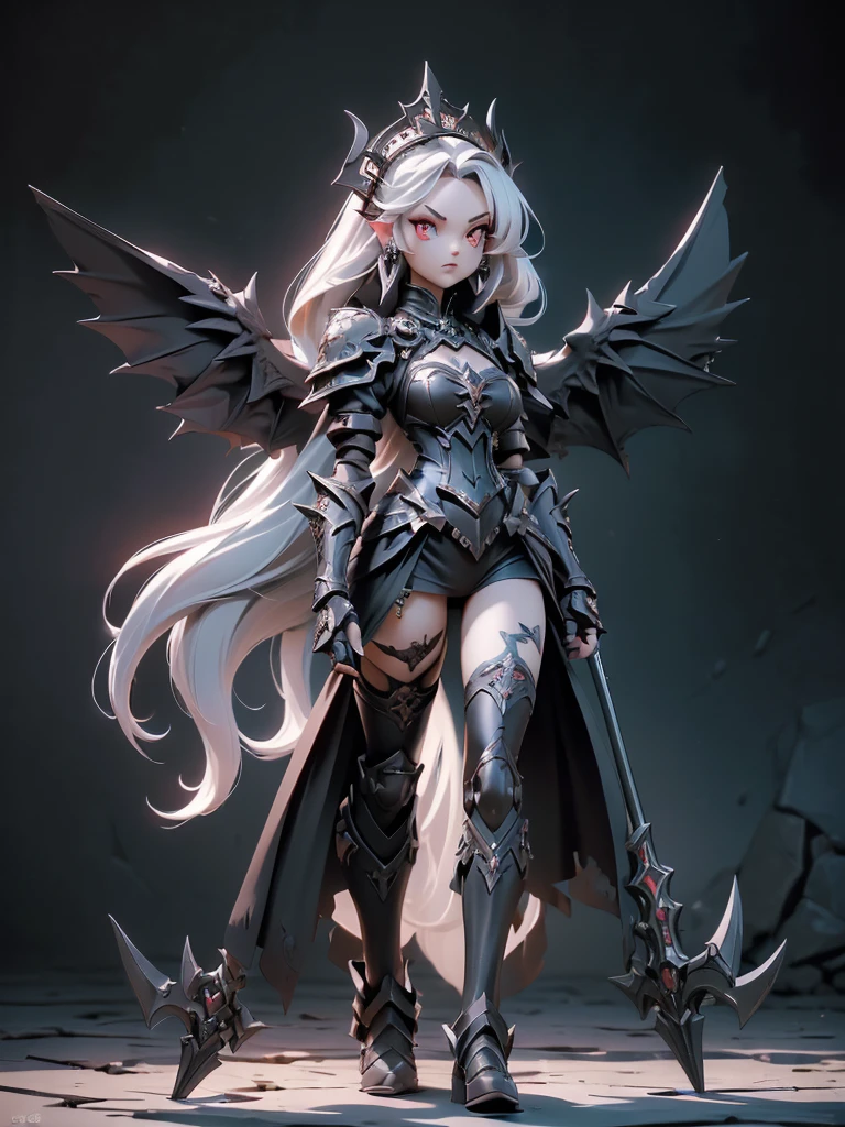 (((masterpiece, high quality, 16k)))((realistic))  queen power armor , ((gothic style)), (((full body shot))) , The most beautiful and sexy demon goddess, long white hair, glowing red eyes, wearing detailed black gothic battle armor matching demonish battle axe, black angel wings, tattoos and piercings, intricate detailed schythe, gothic castle, perfect masterpiece, high quality, high resolution
