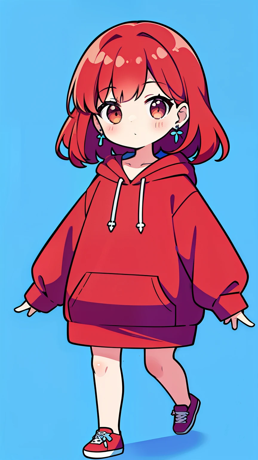 One Girl, Redhead, Medium Hair,cute,Earrings Flower Hair Ornaments, Dear Kurt, 8k resolution, 8K quality, Blue background, Brown eyes, Walking,Large hoodie
