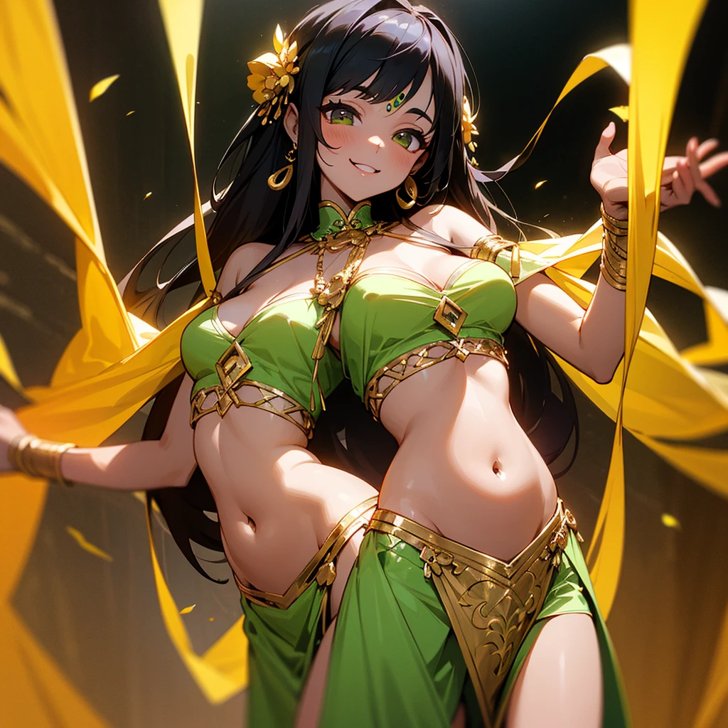 high resolution、Indian skinned dark girl。Wearing a belly dance costume。Overall black and、yellow、In green image。Anyway, gorgeous。Gorgeous accessories are luxurious、Lot。Smiling。
Long hair。cute。Fantasy。