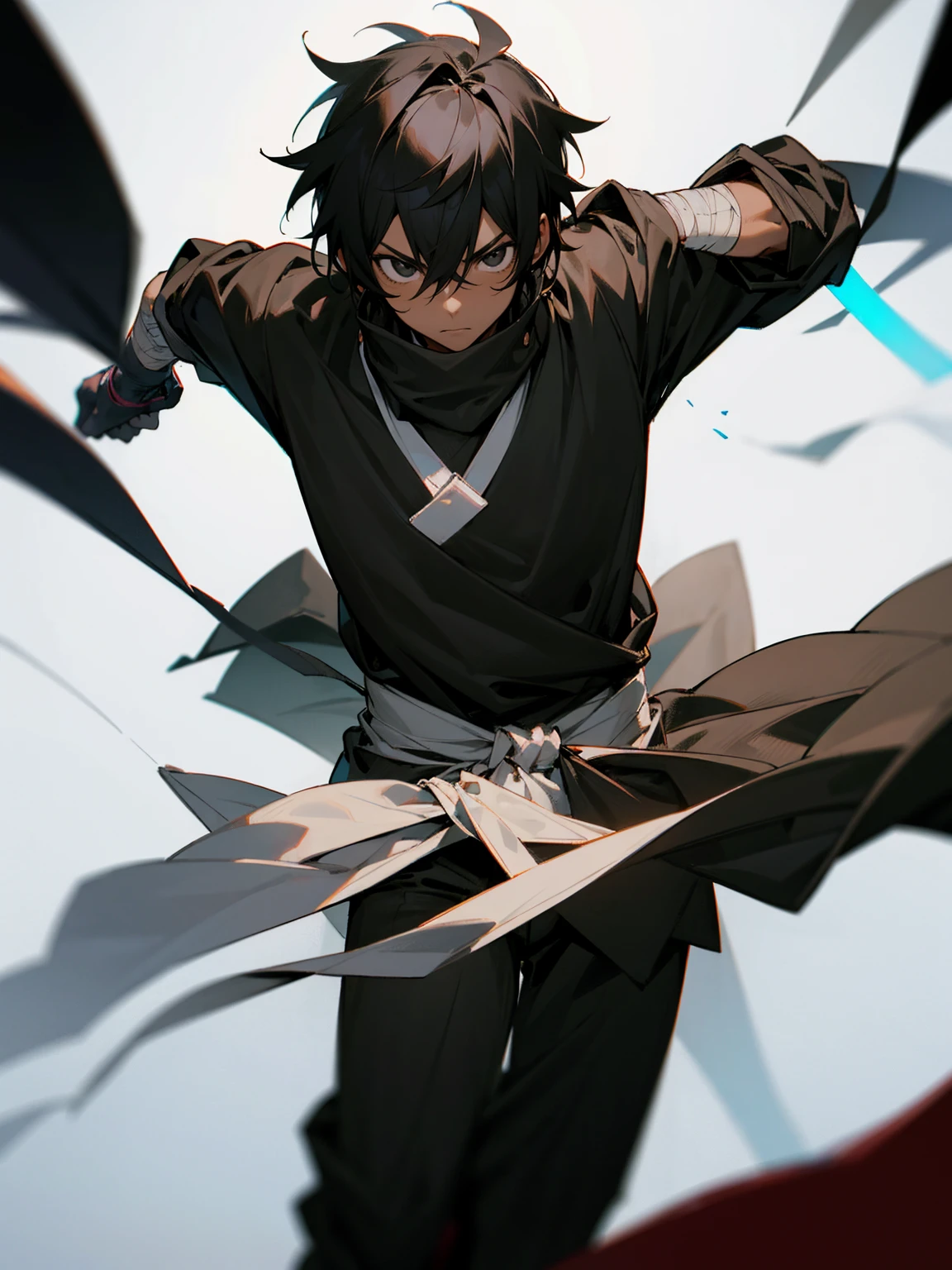 1male, young, black eyes, black hair, tied to the back, darkskin, black bandages on arms, black gloves, black yukata, brown sweatshirt, serious