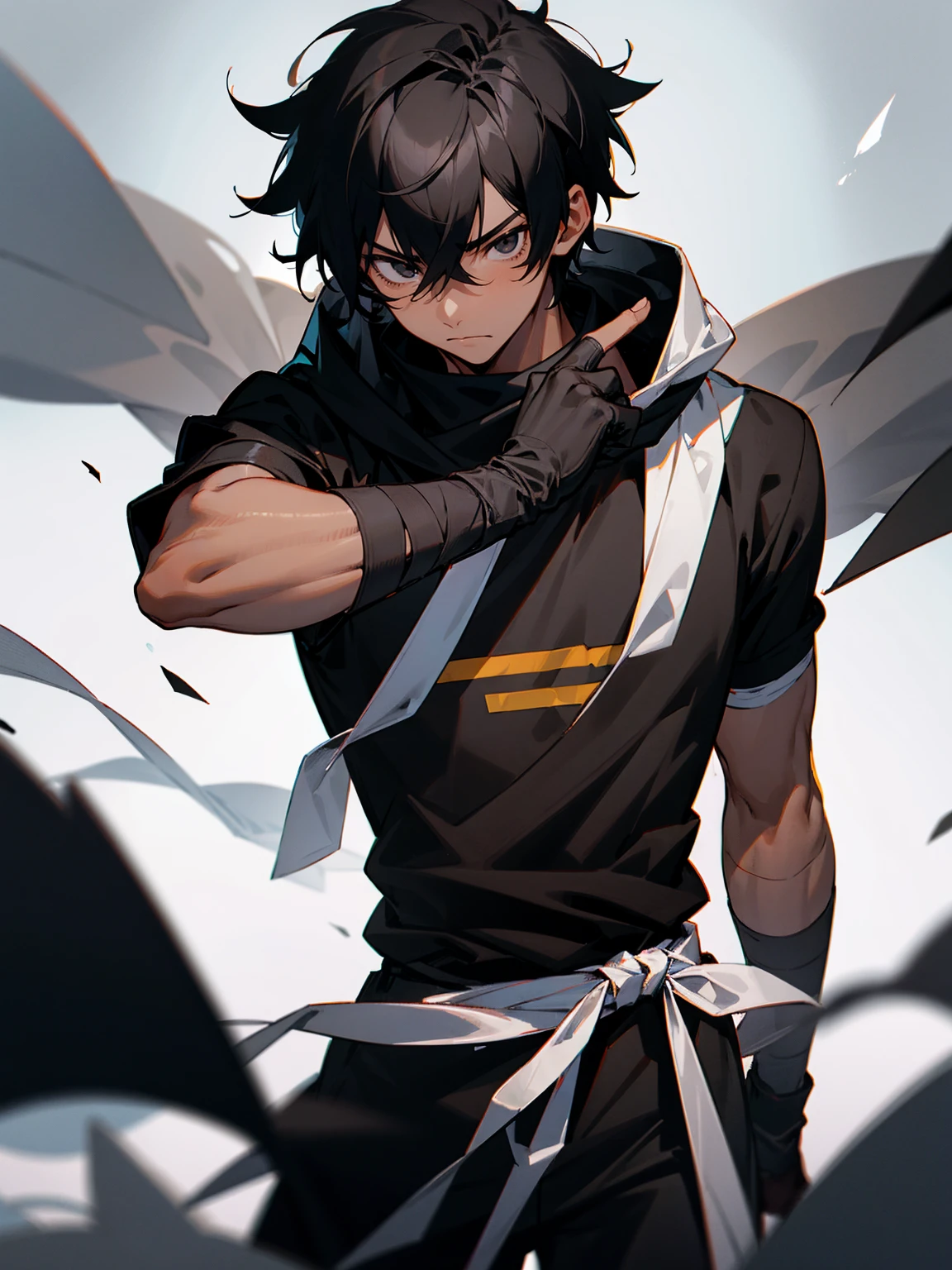 1male, young, black eyes, black hair, tied to the back, darkskin, black bandages on arms, black gloves, black yukata, brown sweatshirt, serious