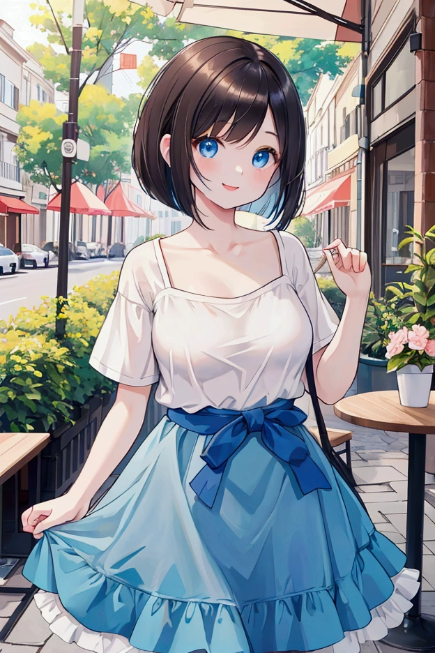 Photorealistic、Highest quality、Highest Resolution、Highest quality、8K、One beautiful woman、Beautiful woman、Cute face、Bob cut hair、Dark Hair Color、Pale blue eyes、Beautiful breasts、smile、looks fun、Casual T-shirts、Casual dress、Cafe Terrace、