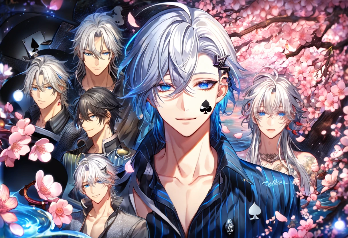 absurdres, highres, ultra detailed, HDR, master piece, Ikki, white hair, right side of his hair is notably shoulder-length, unlike its left, expressive blue eyes, on his left ear is a hair clip shaped like a black spade, Amnesia, sexy man, handsome, best quality, blossoms, pink petals, pink flowers, fantasy, magical, blue shining fireflies, solo, water, blue-and-black shirt that is vertically striped, a small tattoo of a black spade on his cheek left cheek, blue gloves, handsome smile