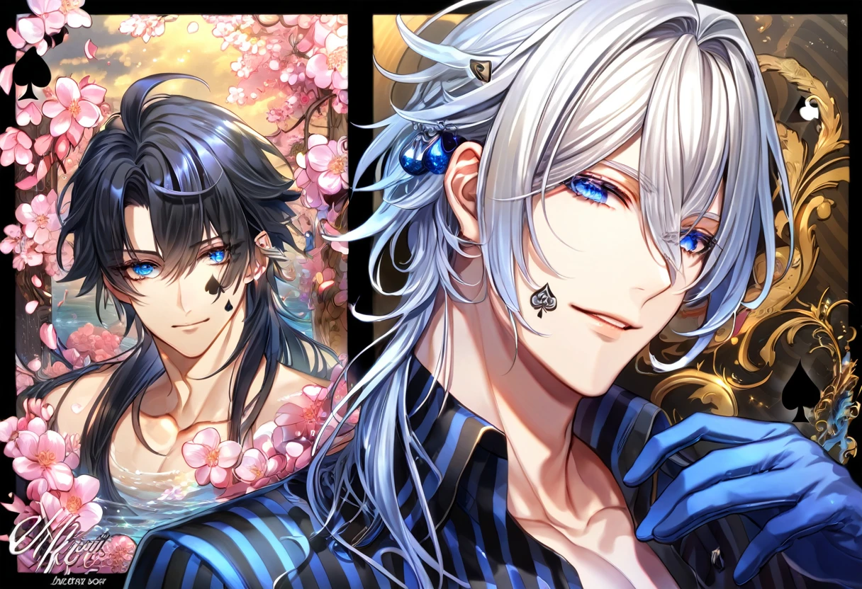 absurdres, highres, ultra detailed, HDR, master piece, Ikki, white hair, right side of his hair is notably shoulder-length, unlike its left, expressive blue eyes, on his left ear is a hair clip shaped like a black spade, Amnesia, sexy man, handsome, best quality, blossoms, pink petals, pink flowers, fantasy, magical, blue shining fireflies, solo, water, blue-and-black shirt that is vertically striped, a small tattoo of a black spade on his cheek left cheek, blue gloves, handsome smile