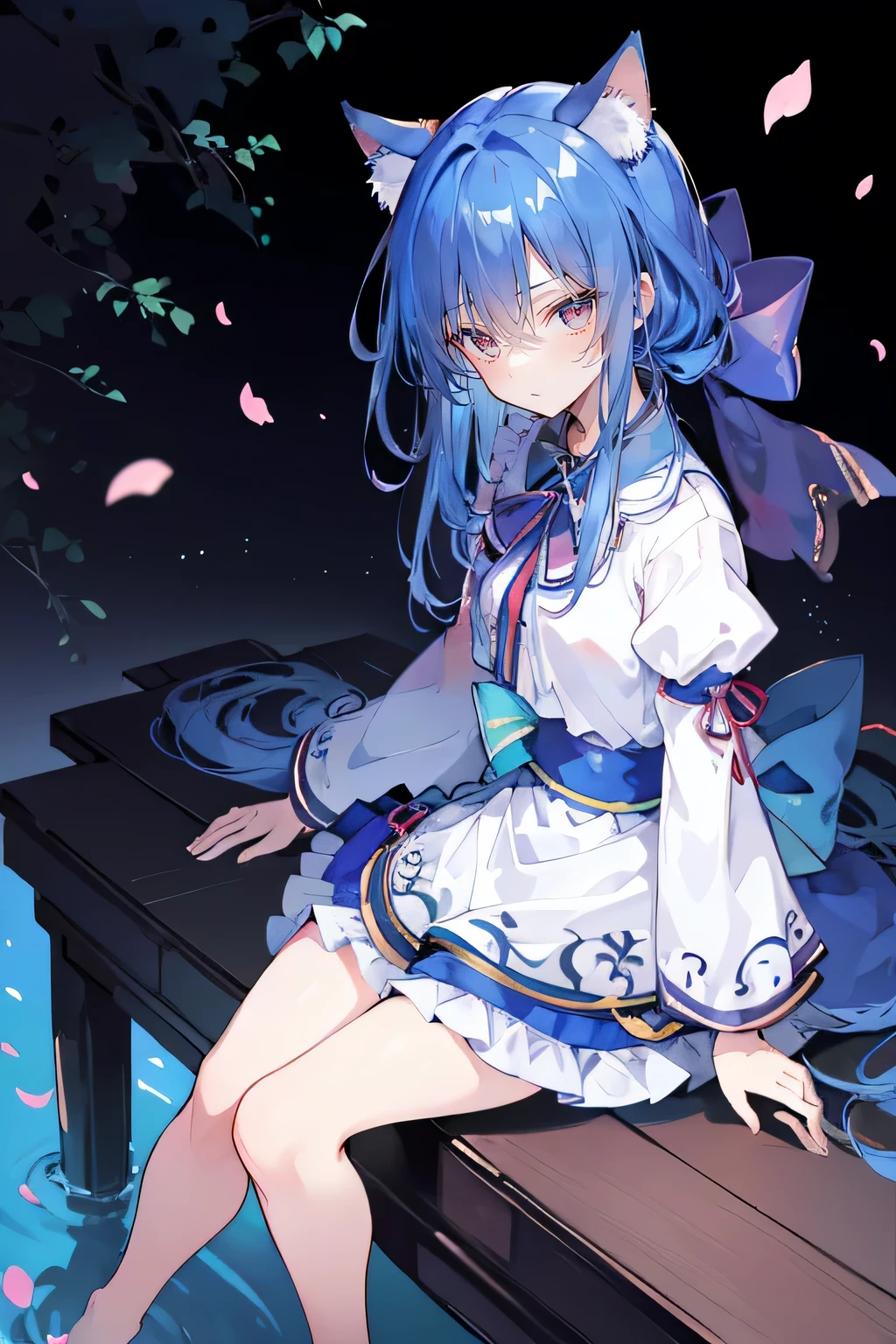(masterpiece:1.2),ultra-detailed,realistic,expressive eyes,fair-skinned,perfectly shaped face,1girl,
Japanese cartoons,Gorgeous blue hair, flowing blue hair,floating clothes,cat ears,petals falling,beautiful Lola,Hina Angel,
hands on waist,gracefully sitting on the ground,legs crossed,gentle and serene.