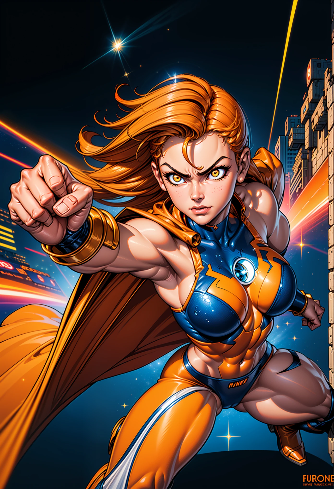 Digital painting of a woman with orange color mixed dark blue messy hair, long hair, Superhero, Muscle Girl, frying, Pose, fist up, From above, 1 knee up, bare shoulder, long cape, Behance Contest Winner, Afrofuturism, Synthwave, neon, glowing neon, Huge saggy breasts, (cute smile face:0.25), glitter galaxy background, planets,