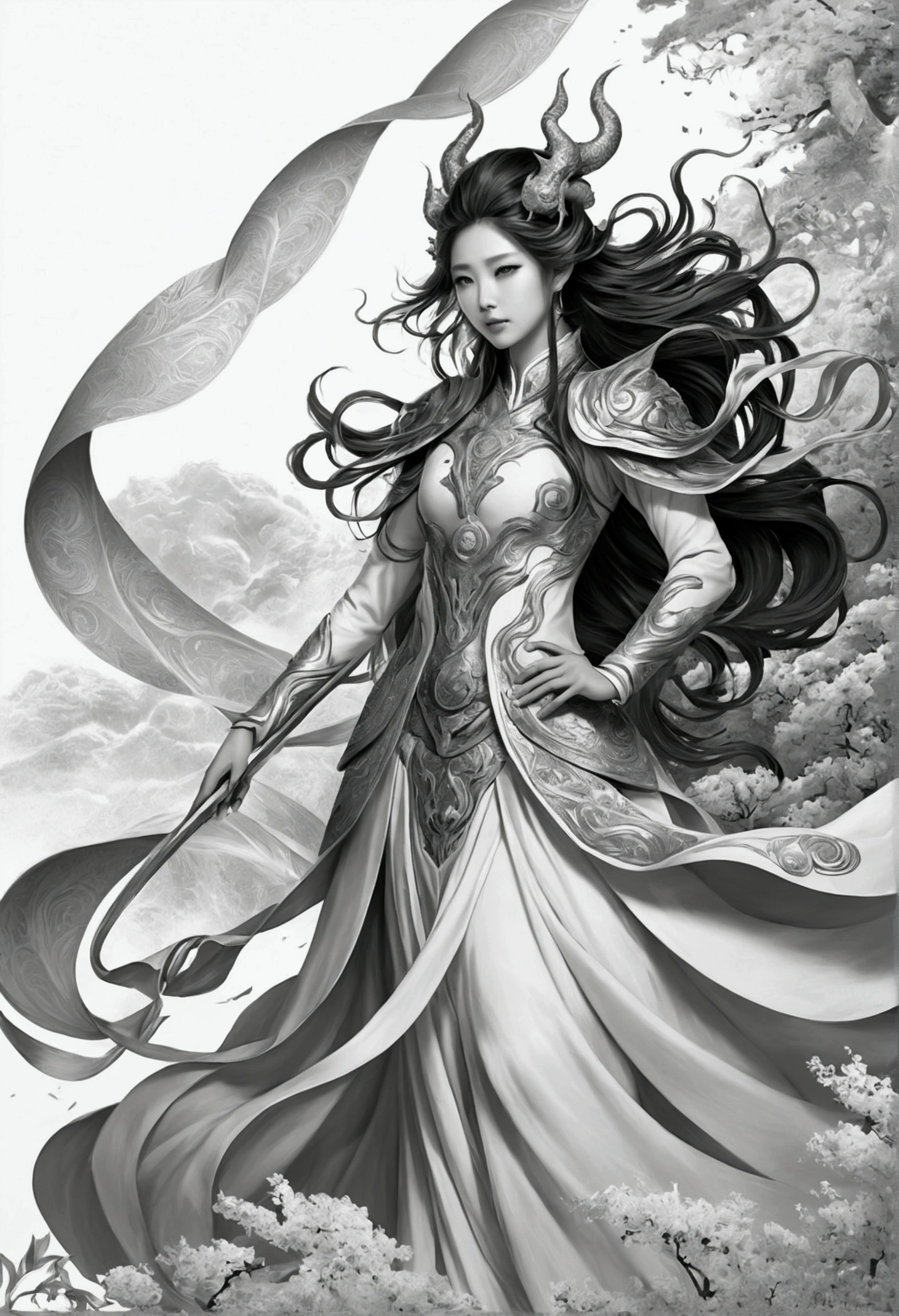 flag、masterpiece、(White Background:1)、白い雲に囲まれたColoring bookの中国の龍、god々々Hello、Wind、god々、Long undulating body、tooth、Upper body、Fantasy、god話、high quality、Very detailed、masterpiece、amazing、Particle Effects、Dynamic Effects、Coloring book　Black and White