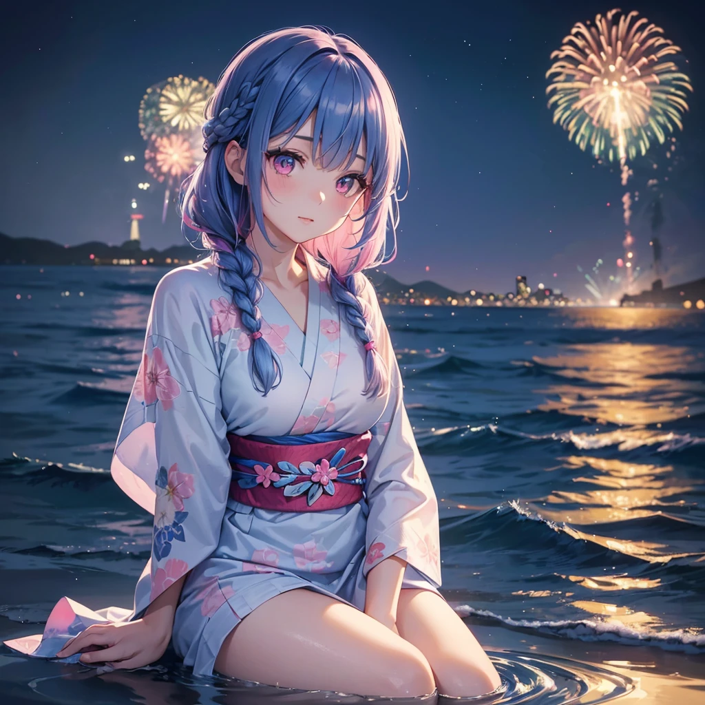 (Sky Blue Medium Hair:1.2), (Braided Hair),(Pink Eyes),Fair skin ,(whole body),(1 girl)、Floral Yukata、summer night、Extra-large fireworks filling the night sky、Huge fireworks launched from the sea、Watching the fireworks while sitting next to each other、Straight bangs,(masterpiece, Highest quality, Very detailed, Best Shadow), (Detailed Background), (Beautifully detailed face), High Contrast, (Best lighting, Very delicate and beautiful), ((Cinematic Light)), colorful, Hyper Detail 8k, Dramatic Light, Intricate details,Fireworks reflected on the water surface、