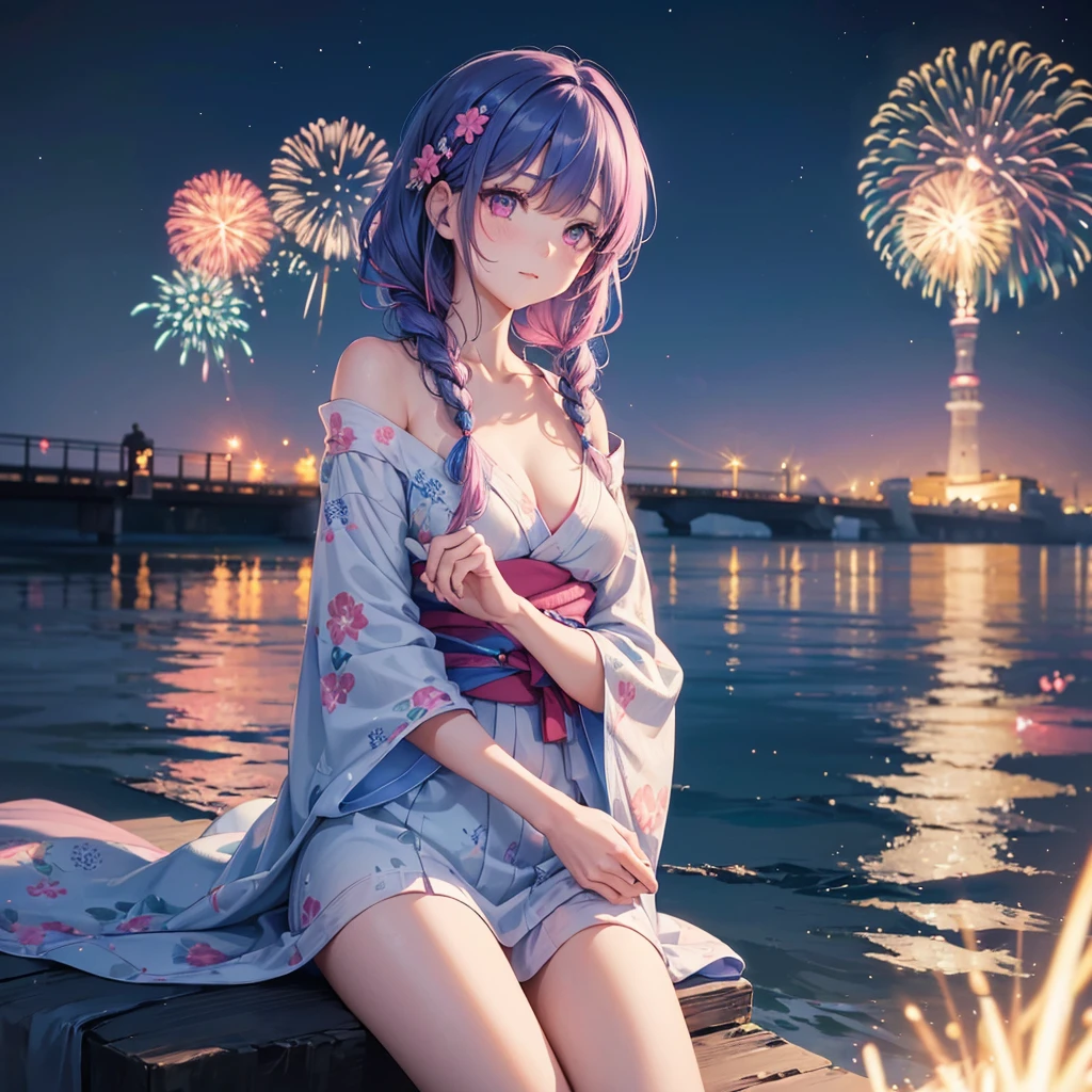 (Sky Blue Medium Hair:1.2), (Braided Hair),(Pink Eyes),Fair skin ,(whole body),(1 girl)、Floral Yukata、summer night、Extra-large fireworks filling the night sky、Huge fireworks launched from the sea、Watching the fireworks while sitting next to each other、Straight bangs,(masterpiece, Highest quality, Very detailed, Best Shadow), (Detailed Background), (Beautifully detailed face), High Contrast, (Best lighting, Very delicate and beautiful), ((Cinematic Light)), colorful, Hyper Detail 8k, Dramatic Light, Intricate details,Fireworks reflected on the water surface、