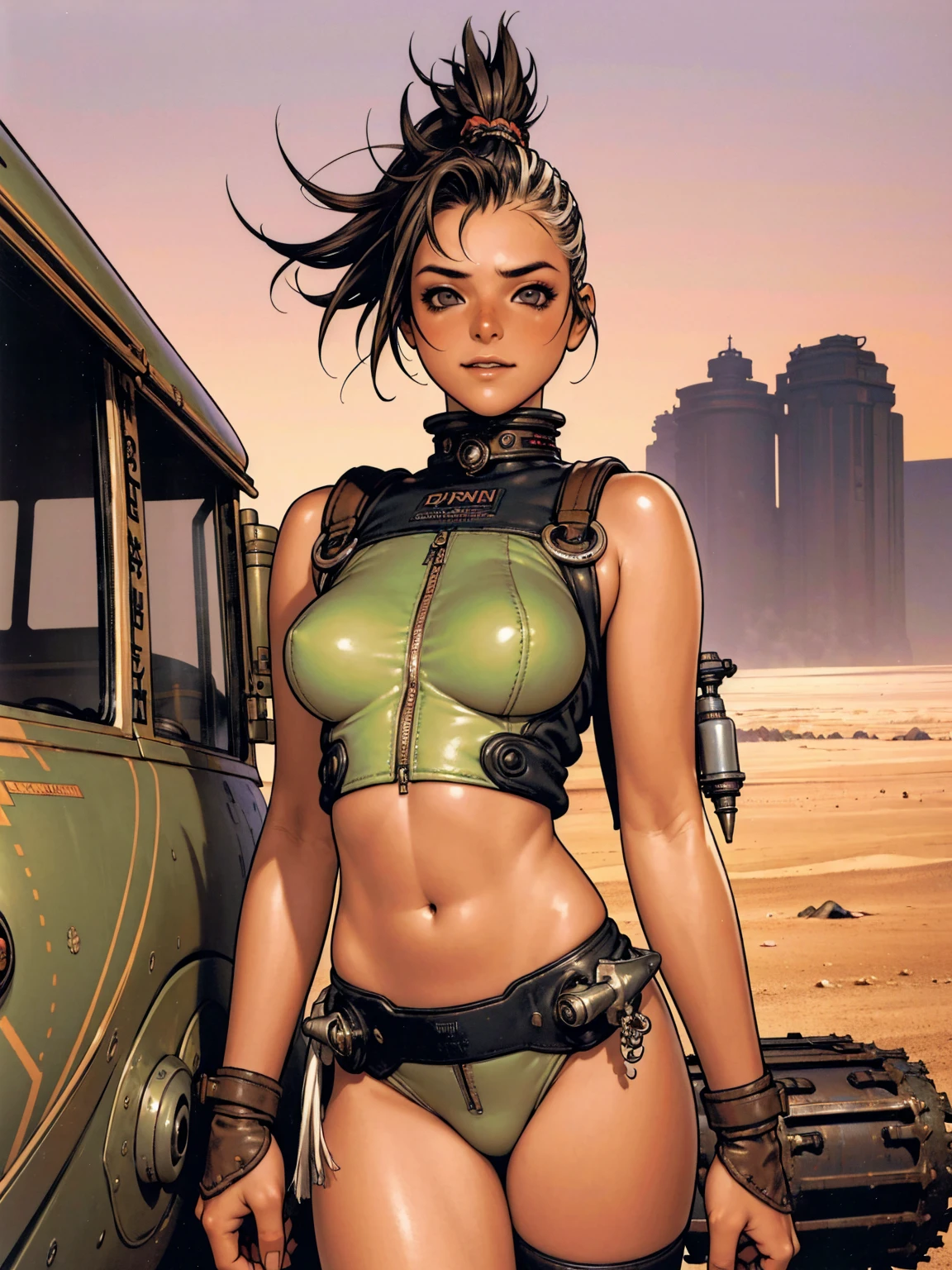 (((DuneWalker))), Super detailed illustration of a scene in the Bakersfield desert where the Wasteland Weekend festival takes place, an alone girl walks among the wreckage of a post-apocalyptic civilization, She wears Mad Max style clothes, your face is beautiful, your hair is a punk hairstyle, full of attitude and a sarcastic smile, she wears goggles on her forehead, (((Tank Girl))), (((Teen girl))), (((best qualityer: 1.4))), (((mohawk haircut))), (Unbeatable masterpiece), (hiper HD), (CG 8k hyper-realistic), (((breasts big))), (((hyper feminine))), sexy girl, (mohawk hair), ((( hard body ))), (((1 girl))), (((cowboy shot)))