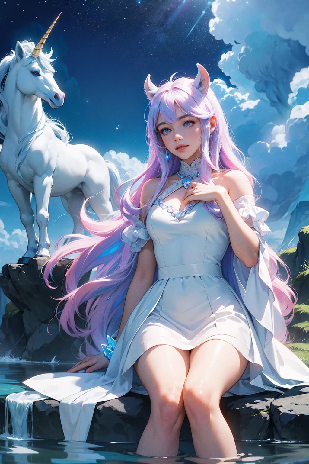 (Masterpiece - Ultra-Detailed, High Resolution) There is a white unicorn girl, blue mane and long mane, white unicorn, unicorn, unicorn horns, A unicorn, celestia, Nine stories, blue unicorn, soft dreamy, cinematic light《fangs》Unicorn in, mythological creatures, a mythical creature, Pokémon illustration, unicorns, a glaceon princess, white dress, opal eyes. Auroracore, ghostly iridescent, image good for rendering, sitting on the water. unicorn girl, full body, holding a crystal unicorn