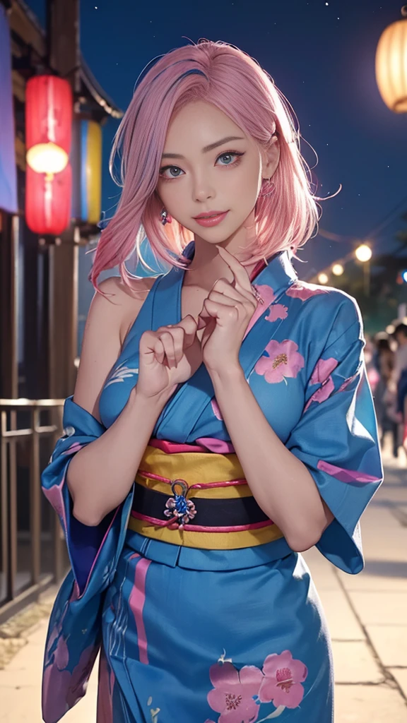 full body,Long Shot,nude (((Highest quality)), (Very detailed), (((1 girl 0.5))), (Rainbow Hair, Colorful Hair, Half blue and half pink hair: 1.2), 17 years old, (Put on a yukata), 真夏のnight、plein air, bangs, smile, Sky blue eyes, Perfect hands, Perfect hands, Hand Detail, Corrected Fingers. earrings, Night Store + background, up looking_in_Audience, Cowboy Shot, Highest quality, Rich details, Perfect image quality, Dark blue、(night:1.5, Japanese Summer Festivals)、Half-up hairstyle、