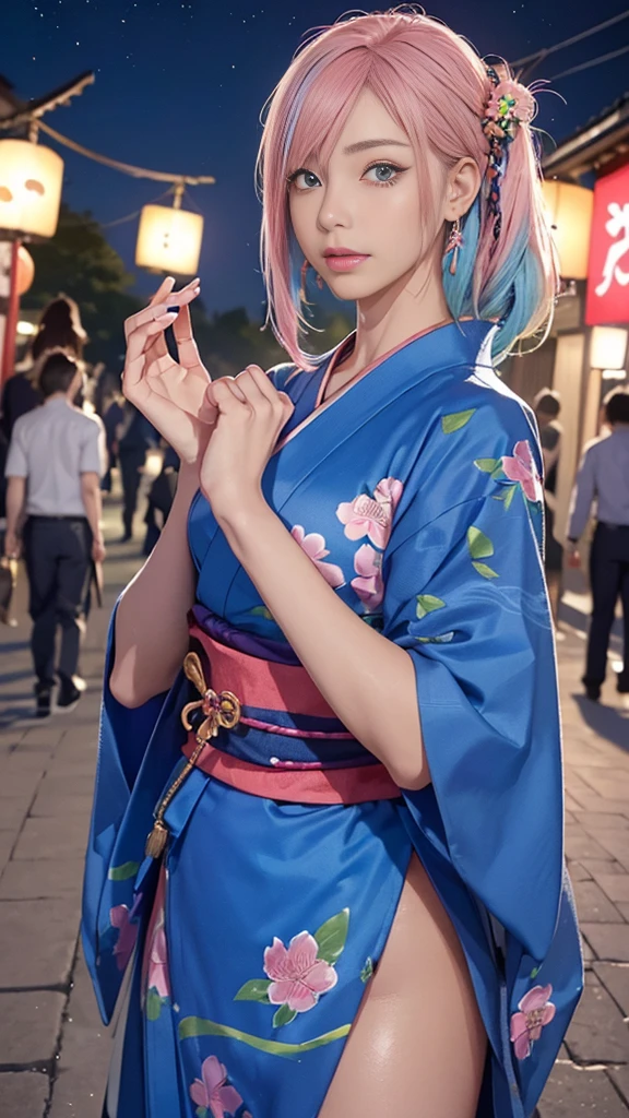 full body,Long Shot,nude (((Highest quality)), (Very detailed), (((1 girl 0.5))), (Rainbow Hair, Colorful Hair, Half blue and half pink hair: 1.2), 17 years old, (Put on a yukata), 真夏のnight、plein air, bangs, smile, Sky blue eyes, Perfect hands, Perfect hands, Hand Detail, Corrected Fingers. earrings, Night Store + background, up looking_in_Audience, Cowboy Shot, Highest quality, Rich details, Perfect image quality, Dark blue、(night:1.5, Japanese Summer Festivals)、Half-up hairstyle、