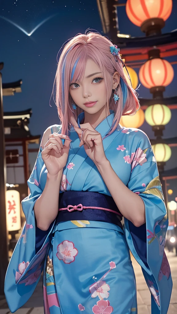 full body,Long Shot,nude (((Highest quality)), (Very detailed), (((1 girl 0.5))), (Rainbow Hair, Colorful Hair, Half blue and half pink hair: 1.2), 17 years old, (Put on a yukata), 真夏のnight、plein air, bangs, smile, Sky blue eyes, Perfect hands, Perfect hands, Hand Detail, Corrected Fingers. earrings, Night Store + background, up looking_in_Audience, Cowboy Shot, Highest quality, Rich details, Perfect image quality, Dark blue、(night:1.5, Japanese Summer Festivals)、Half-up hairstyle、