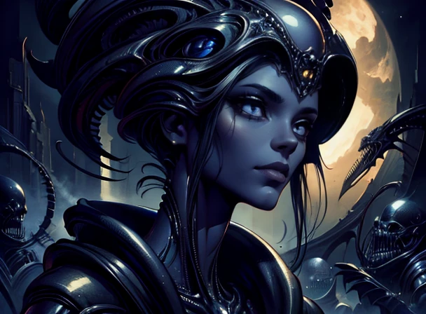Surreal portrait of a female necromancer raising an army of demons, masterpiece, (Beautiful and big eyes:1.1), Exquisite detail, Very complex iris, close, By h.R. Giger, By Milo Manara