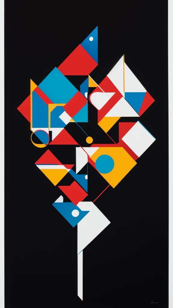 Abstract painting with vibrant colors and geometric shapes. (((Black Background))). It features a mix of red and white, White and blue colors. The composition includes a diamond shape at the top, Small triangles and squares. Some have circles and lines intertwined with the shapes..