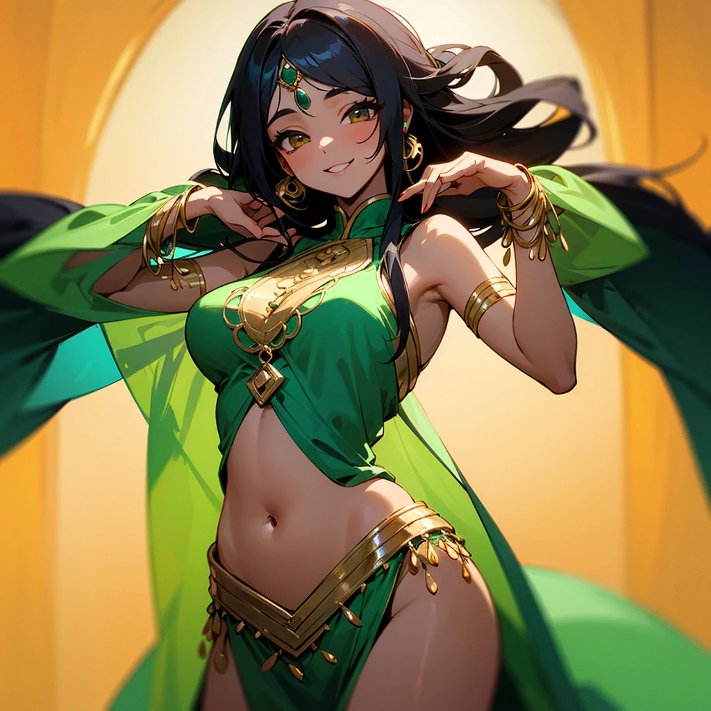 high resolution、Indian skinned dark girl。Wearing a belly dance costume。Overall black and、yellow、In green image。Anyway, gorgeous。Gorgeous accessories are luxurious、Lot。Smiling。
Long hair。cute。Fantasy。
