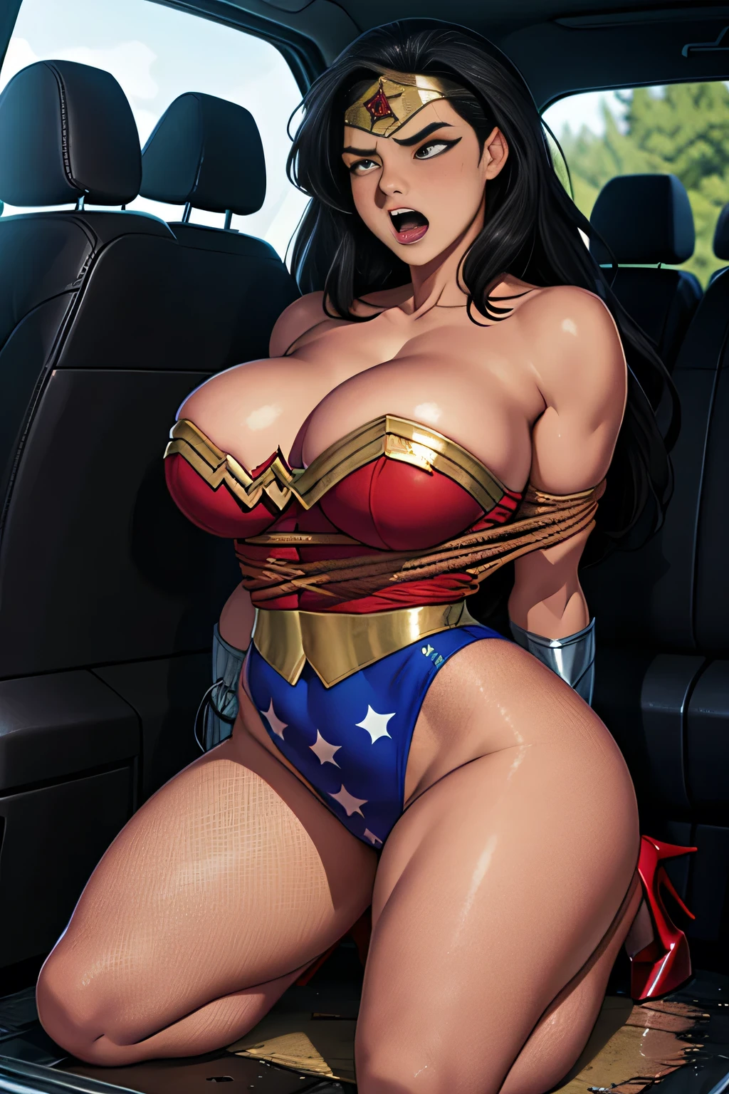 a cartoon of a woman in fishnet pantyhose, stiletto high heels, posando, commission for high res, Wonder Woman, comic pinup style, giantess art, Thick, thicc thighs!!!, commission for, oc commission, fullbody commission for, sww version, thicc thighs!!!!!!, by Randy Vargas, by Yoshihiko Wada, by Kentaro Miura, bare thicc thighs!!! Expression of fear, expression of despair, terrified. Bondage, submission, tied with ropes. screaming in pain, suffering a lot, destroyed, HUMILIATED, captured and raped by bandits, raped, degraded, degrading, degradation, depravation. abandonned, torn garments, in the back seat of the police car. In the middle of the river in the ditch, in the sewer, dirty. Filthy, she is a street slut,prostitution, forced into prostitution.