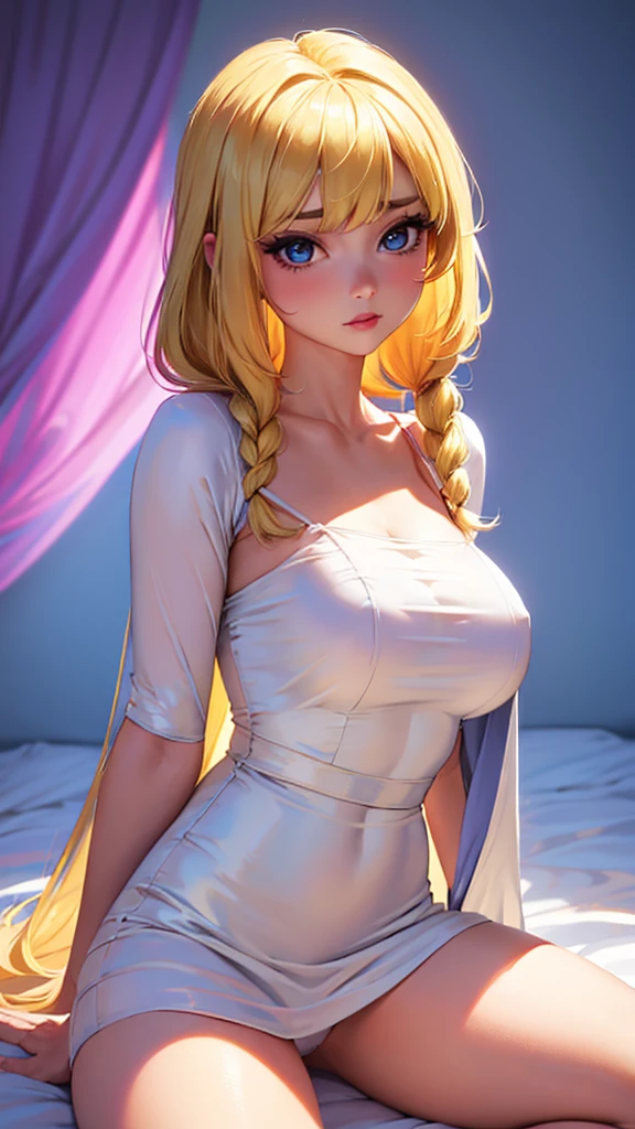 bare breasts、(satin、that、(white panties))、of the highest quality, super fine, 16k, incredibly absurd, Very detailed, Beautiful and cute woman, shy, big, bright Eyes, Double Sided Blonde Princess Hairstyle., Long flared skirt dress with pink ruffles princess type, simple color background