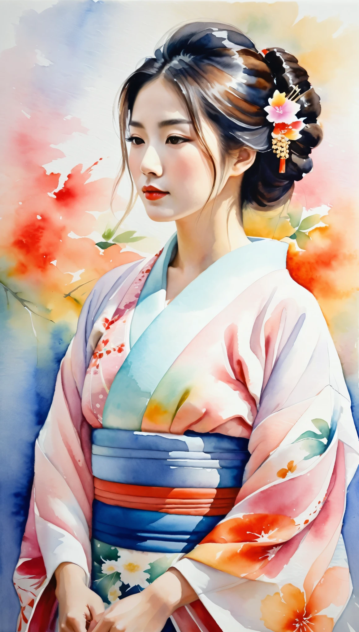 masterpiece,Acrylic watercolor painting of a Japanese woman in a beautiful kimono,(Beautiful gradation created by layering),(Tarashikomi technique),(Beautiful expression using blurring)