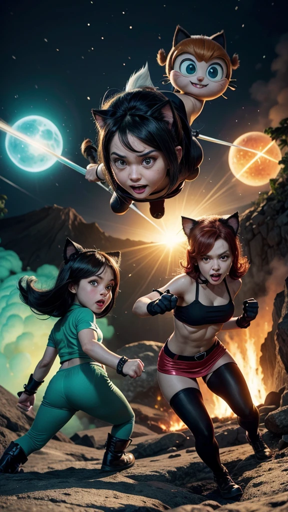 The adult Powerpuff Girls. cat costumes. Fighting inside a volcano. crazy monkey hitting them