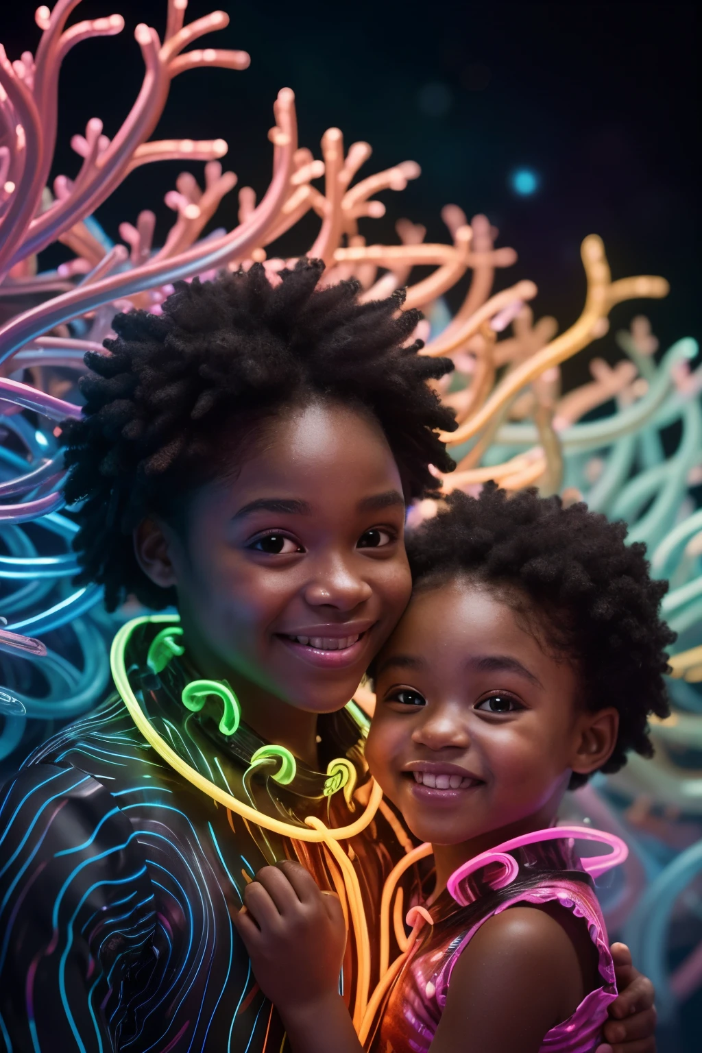 Close up shot of (()happy black babies dressed in neon lit bright and vibrant clothes, their joyful faces radiating warmth)), a beautifully detailed and intricate image, nestled atop floating neon lit giant jellyfishes, is elegantly placed in outer space. Surrounding them are (()beautiful vibrant neon lit coral reefs with mesmerizing water ripples)), their colors popping against the vast black backdrop of space. Light pierces through, casting a radiant and vibrant glow on the scene, creating a cinematic and awe-inspiring atmosphere. This ultra HD, hyper-realistic image is a testament to the masterful craft of