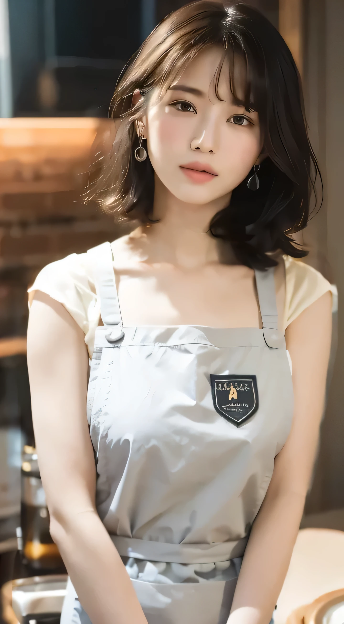 Wearing a cafe employee uniform,apron,
