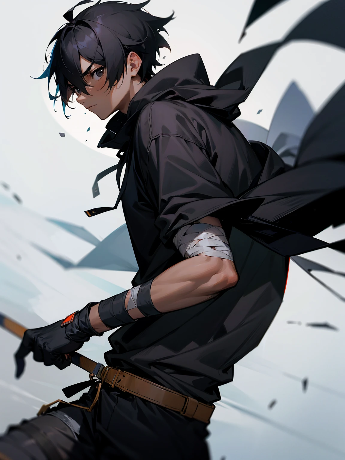 1male, young, black eyes, black hair, tied to the back, darkskin, black bandages on arms, black gloves, black yukata, brown sweatshirt, serious