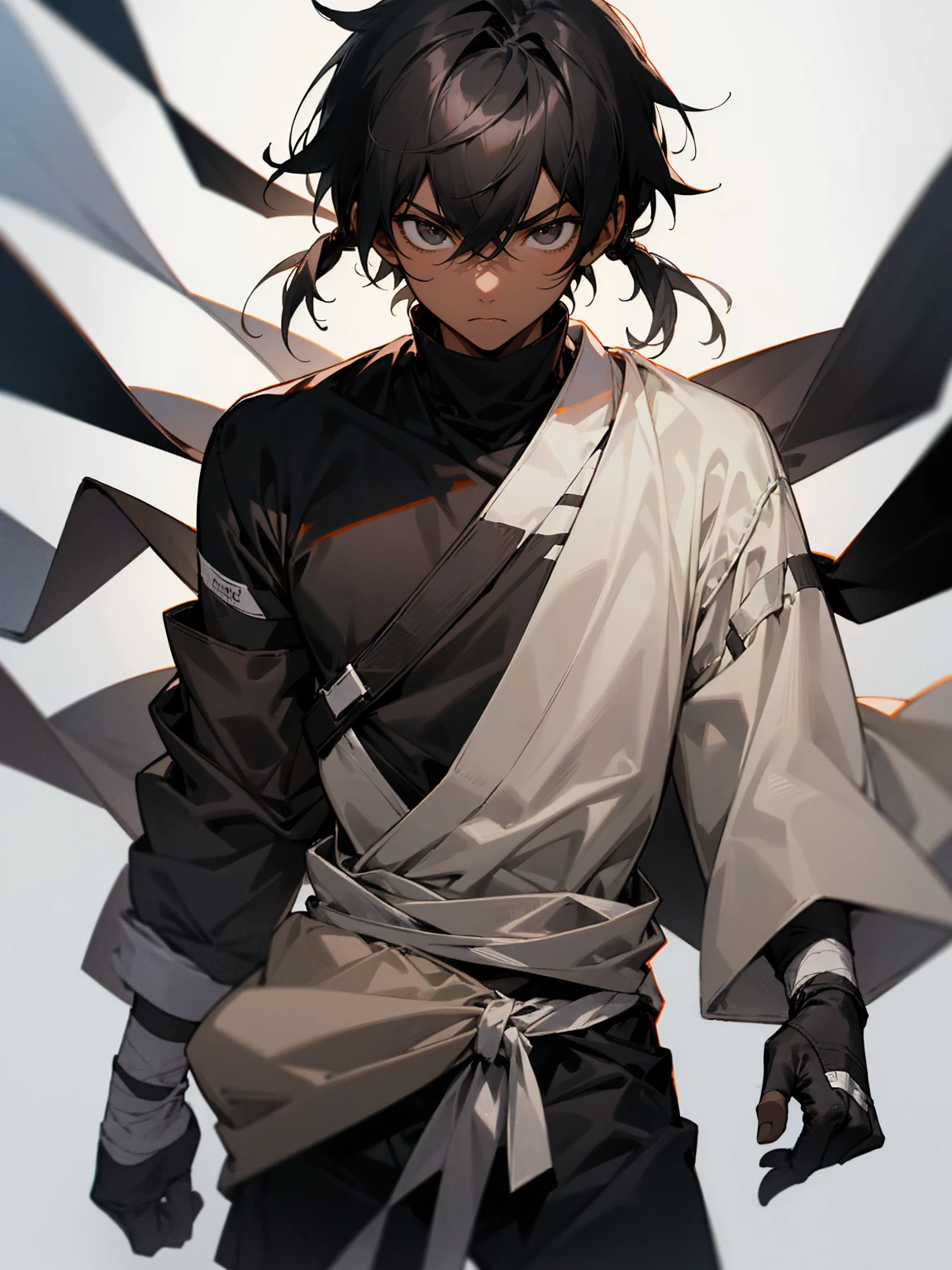 1male, young, black eyes, black hair, tied to the back, darkskin, black bandages on arms, black gloves, black yukata, brown sweatshirt, serious