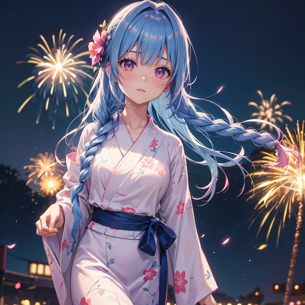 Sky Blue Medium Hair, (Braided Hair),(Pink Eyes),Fair skin ,(whole body),(1 girl)、Floral Yukata、summer night、Extra-large fireworks filling the night sky、Big fireworks、Straight bangs,(masterpiece, Highest quality, Very detailed, Best Shadow), (Detailed Background), (Beautifully detailed face), High Contrast, (Best lighting, Very delicate and beautiful), ((Cinematic Light)), colorful, Hyper Detail 8k, Dramatic Light, Intricate details,