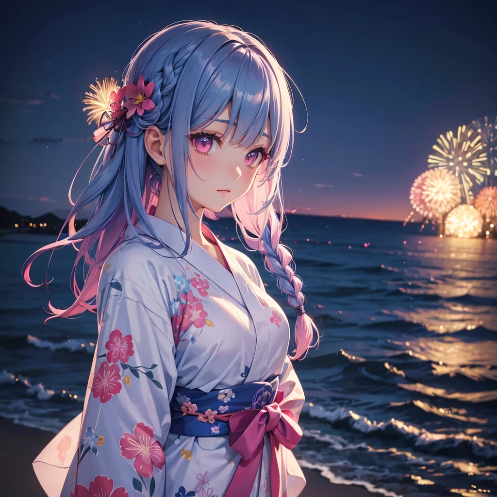 Sky Blue Medium Hair, (Braided Hair),(Pink Eyes),Fair skin ,(whole body),(1 girl)、Floral Yukata、summer night、Extra-large fireworks filling the night sky、Big fireworks、Straight bangs,(masterpiece, Highest quality, Very detailed, Best Shadow), (Detailed Background), (Beautifully detailed face), High Contrast, (Best lighting, Very delicate and beautiful), ((Cinematic Light)), colorful, Hyper Detail 8k, Dramatic Light, Intricate details,