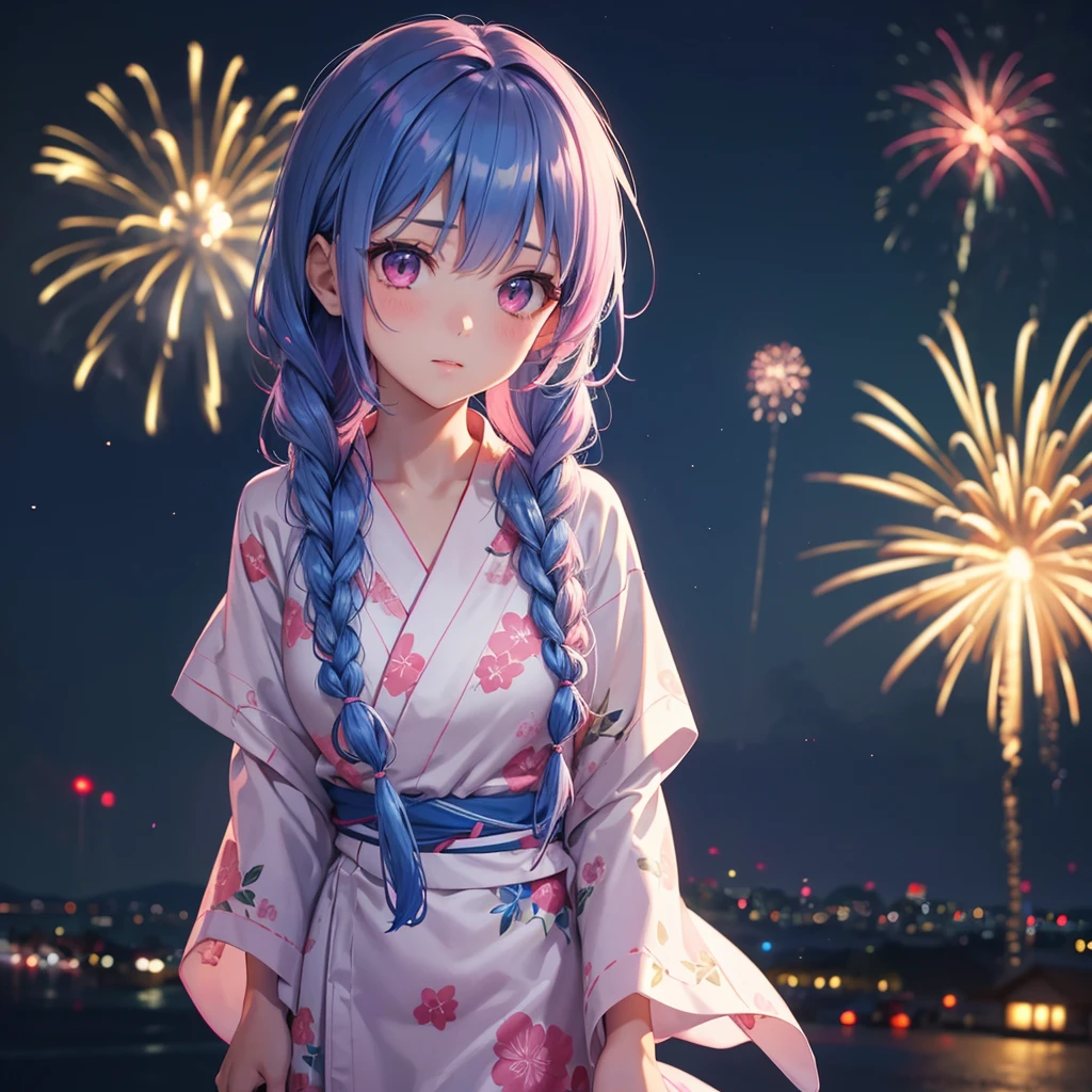 Sky Blue Medium Hair, (Braided Hair),(Pink Eyes),Fair skin ,(whole body),(1 girl)、Floral Yukata、summer night、Extra-large fireworks filling the night sky、Big fireworks、Straight bangs,(masterpiece, Highest quality, Very detailed, Best Shadow), (Detailed Background), (Beautifully detailed face), High Contrast, (Best lighting, Very delicate and beautiful), ((Cinematic Light)), colorful, Hyper Detail 8k, Dramatic Light, Intricate details,