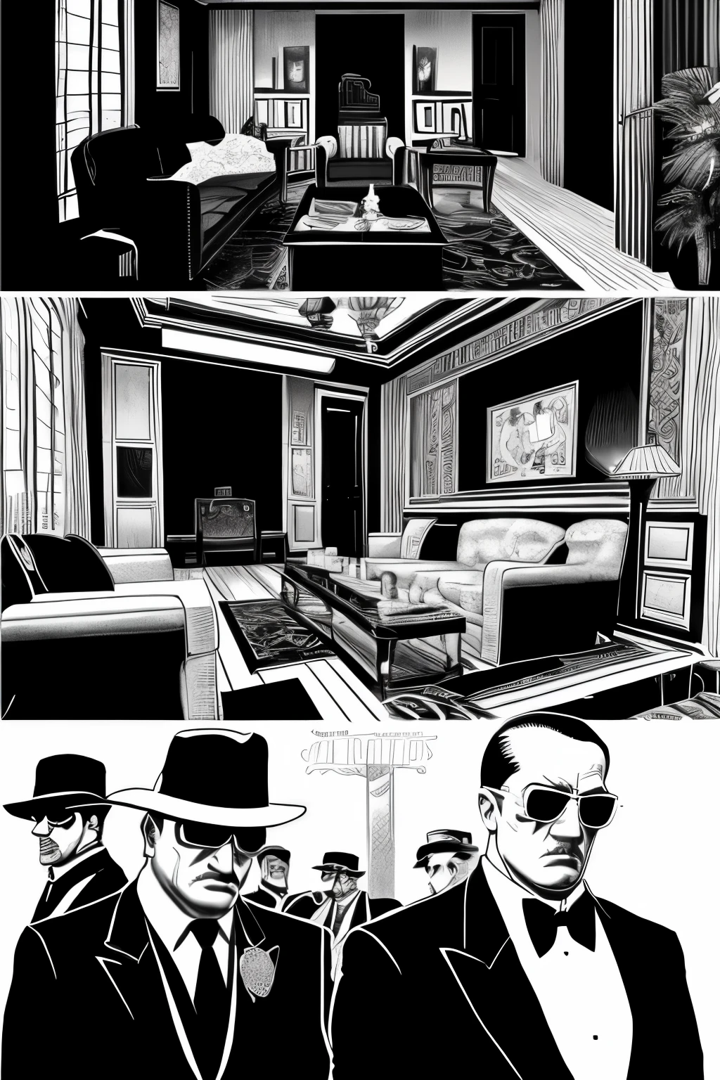 Black and white illustration、Front、Mafia boss room、A composition in which the boss's desk is seen from the front、Black and white illustration、There is no one here、Daytime、unmanned、Widescreen landscape、16:9 screen、