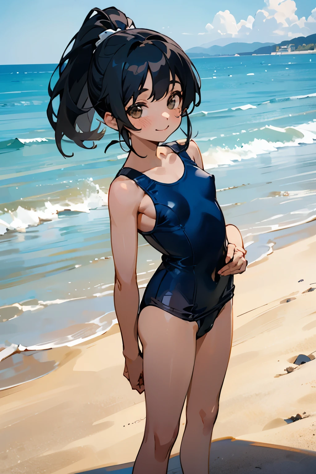 NSFW、In the best quality、 girl standing on a sandy beach。In high resolution、Beautiful details、Quiet atmosphere。Black hair ponytail、Cute Smile.。Small breasts、Cute School Swimsuit。