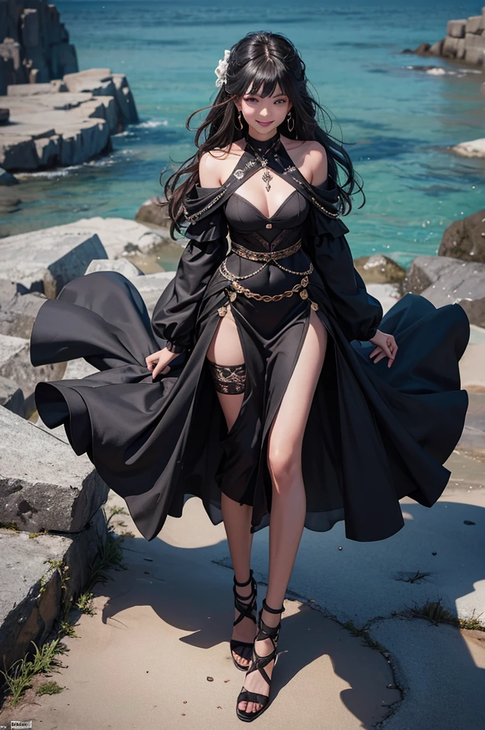 1girl, black cloth, smile, top view, looking to viewer, full body, focus full body, masterpiece, best quality, very aesthetic