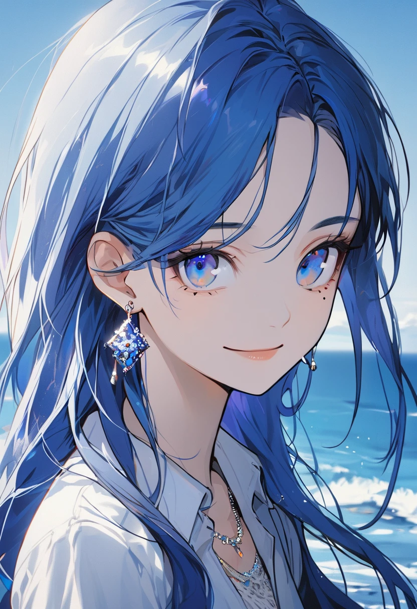 1girl, alone, long hair, looking at viewer, smile, bangs, blue eyes, shirt, Royal blue hair, jewelry, closed mouth, white shirt, earrings, collared shirt, necklace, mole, mole under eye, portrait, black background, ocean background,