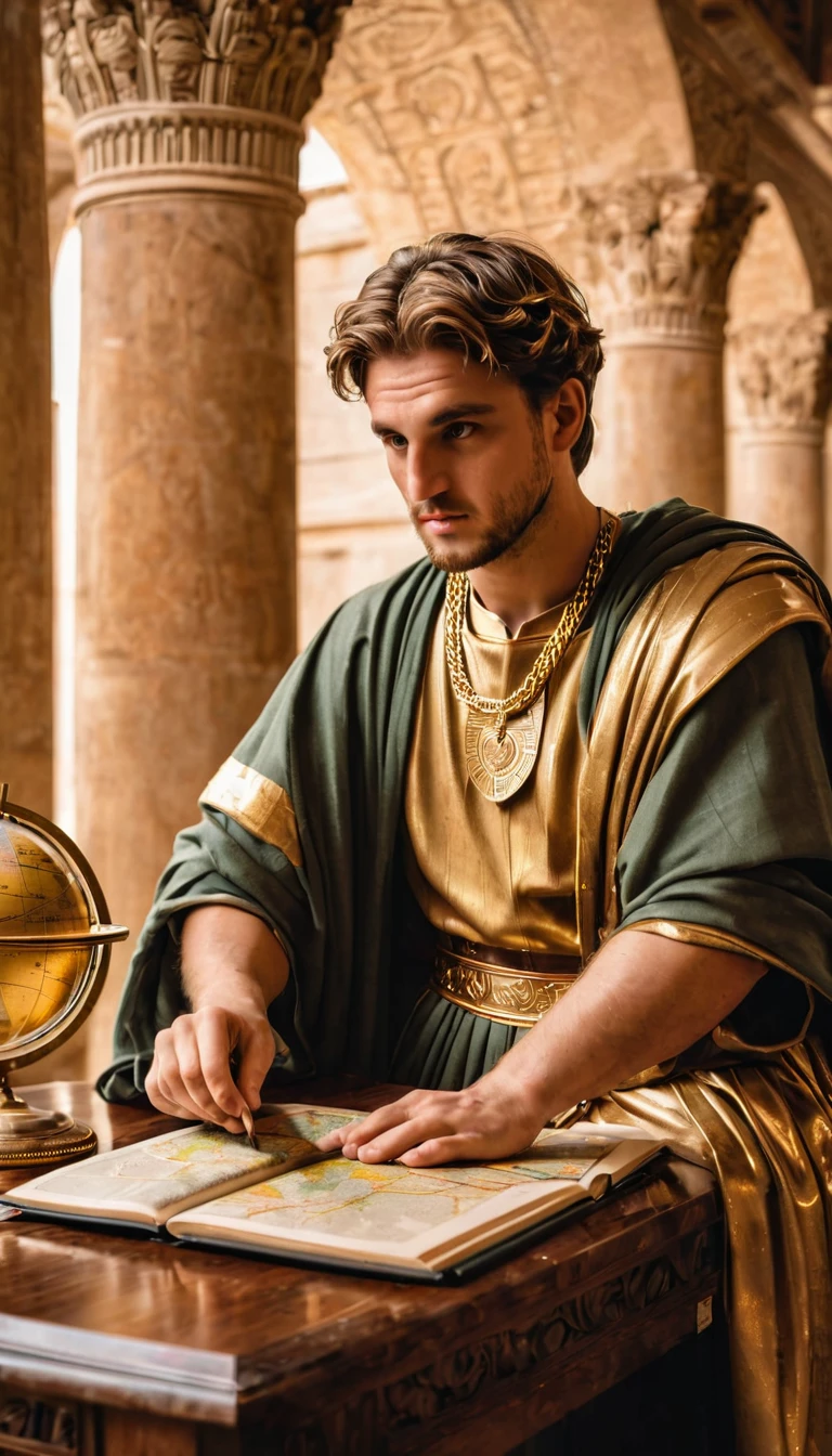 "A young Alexander the Great, sitting attentively as Aristotle teaches him. The setting is a classical Greek environment with scrolls, books, and a globe on a table. Aristotle, dressed in traditional Greek robes, points to a map, emphasizing the importance of education."