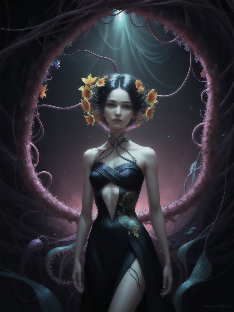 ((best qualityer)), ((work of art)), (high détail), (high resolution), Woman,face of a skull, holding a guitar .looking up at the infinite length of the universe, endless galaxies, dangerous black holes, supernova explosion, floating stars, endless stairs, nebulae, grim, cinematic atmosphere, negative dark mode, MC Escher, Senseijaye Art, Matrix Atmosphere, digital code rotation, mattepainting," A boy of golden pearls wrapped in jungle vines, detailded facial features, extremely delicate and beautiful&price;, colorful poisonous flower vines, surrounded by groups of red tentacles, antennae: 1.5), Clusters of tentacles in the background, cuddly, detailded, cinematic lighting, vibrant nature, Volumetric Light, trending on Artstation, octane rendering.&price;, trending on Artstation, Focus Clear, studio photos, intricate-detail, very detailded, ((fancy)), intrikate, engine unreal,