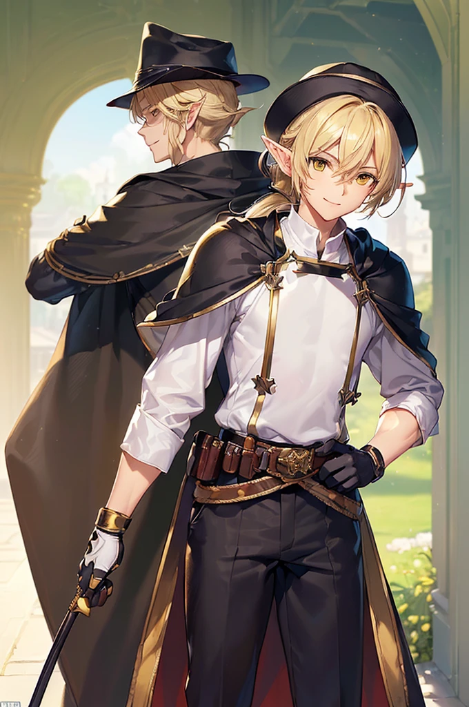 (((masterpiece; best quality: 1.2))), (finely detailed eyes: 1.3), (25 year old elf man), (solo), (yellow eyes: 1.4), (body; toned, fit, masculine: 1.3), (silky blonde hair in low ponytail: 1.3), (beautiful and clear background: 1.2), ((depth of field)), (equipment: adventurer garb + modest + elegant wide-brimmed hunter hat + overcoat + shirt + long cape + black pants + gloves + belt + pouches: 1.3), (anime illustration: 1.2), (background composition; royal garden: 1.1), (extremely fine and handsome: 1.1), (shot composition; standing + centered on torso + close-up: 1.5), (expression; calm, smile: 1.2)