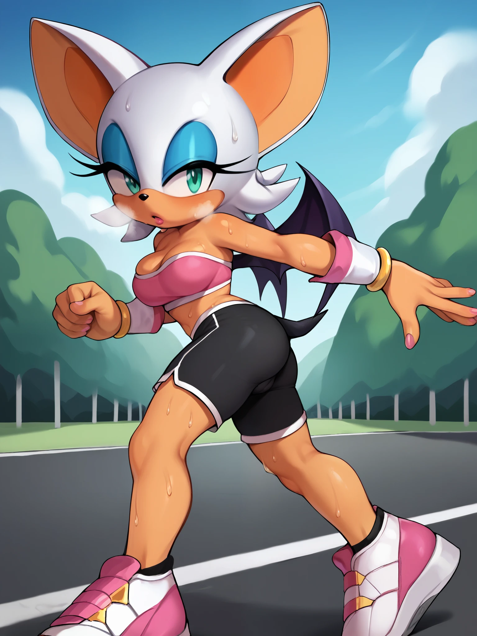 score_9, score_8_up, score_7_up, score_6_up, score_5_up, score_4_up, rouge the bat, (behind view), (viewed from the side), (2D anime style), anthro furry, orange fur, cyan eyes, bat ears, small tail, orange tail, cleavage, strapless, ((PINK crop top)), ((wearing PINK tight short hot pants)), ((wearing PINK tight short hot pants)), cameltoe, (white sneakers), (white armbands), bare hands, sexy curves, big head, (solo), (jogging), sweating, heavy breathing, exhaling, looking at viewer, seductive stare, (outside park background)