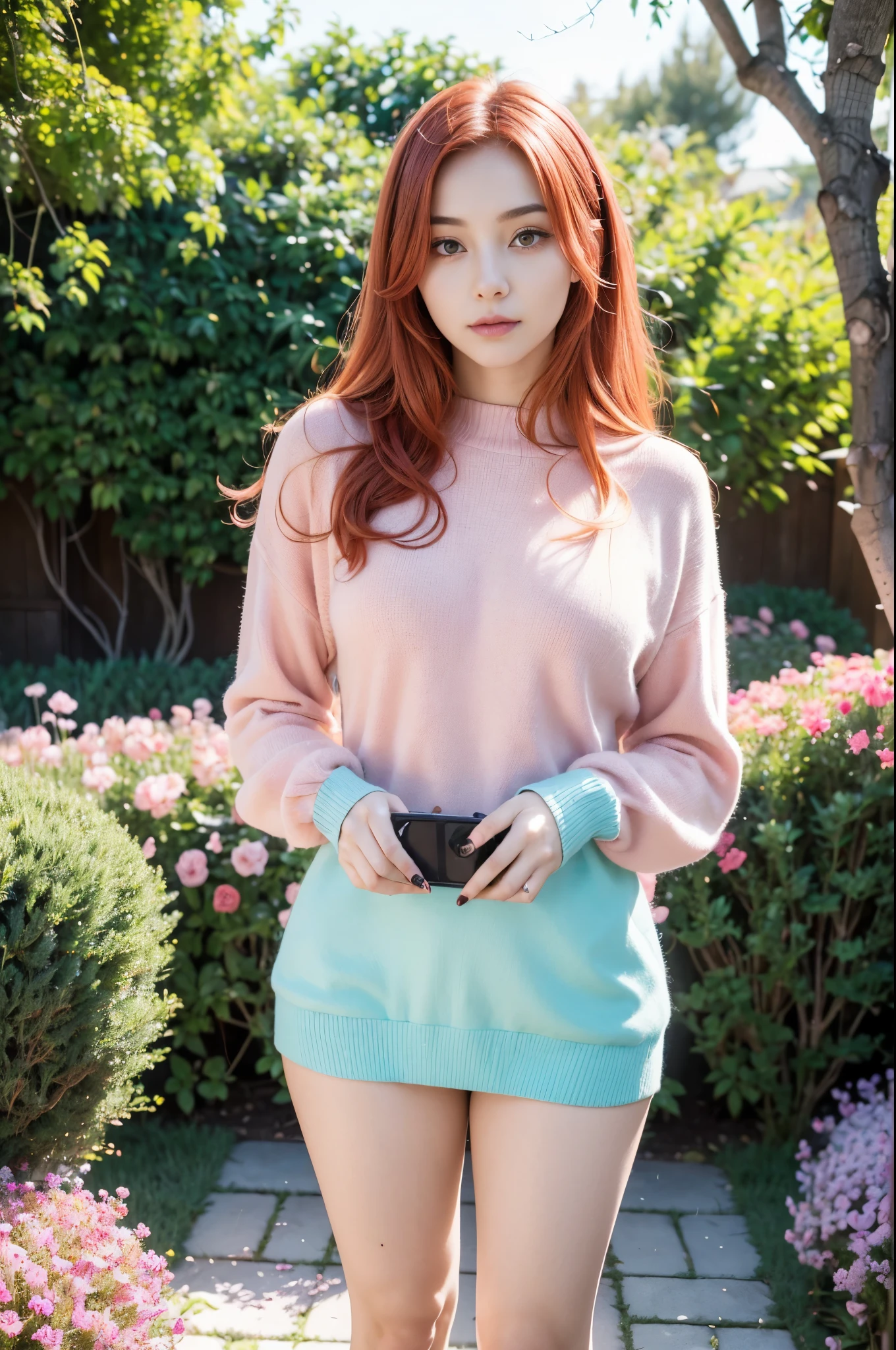 ((RAW photo), absurd, (absurdresolution)), 21 year old young woman with pink redorange hair and brown sweater posing, (the most beautiful girl, the prettiest sexy woman face), (cyan eyes), (very cute sexy pose standing in a garden, selfie type photo), vivid, intense colors, captivating woman, light sensuality,